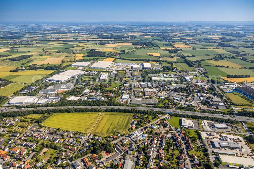 Rhynern from above - Industrial and commercial area along the BAB A2 in Rhynern in the state North Rhine-Westphalia, Germany