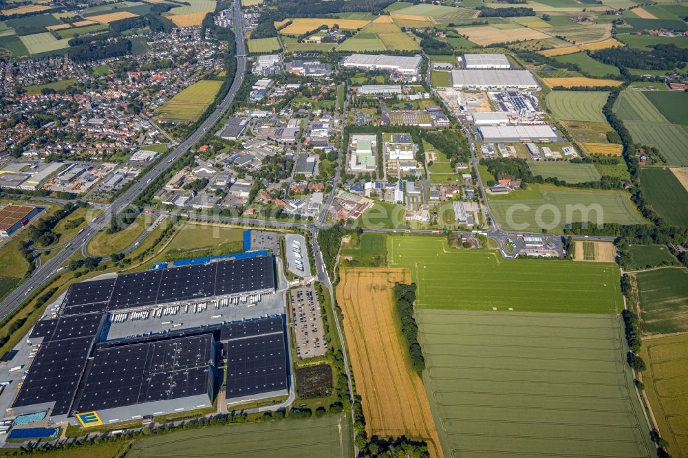 Aerial photograph Rhynern - Industrial and commercial area along the BAB A2 in Rhynern in the state North Rhine-Westphalia, Germany