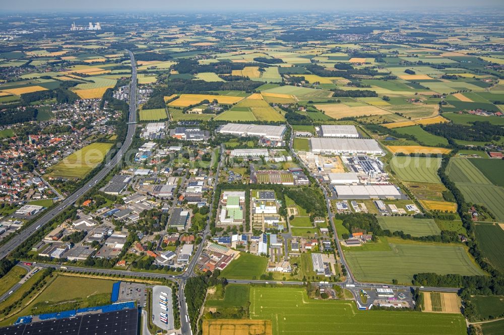 Rhynern from above - Industrial and commercial area along the BAB A2 in Rhynern in the state North Rhine-Westphalia, Germany