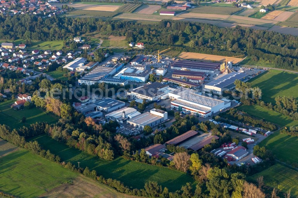 Ertingen from above - Industrial and commercial area with Spiess Transport International GmbH, TU Maschinen- and Anlagenbau GmbH, Eurostahl KG, Fensterle Bauunternehmen GmbH in Ertingen in the state Baden-Wuerttemberg, Germany