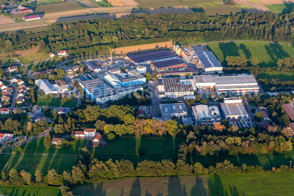 Ertingen from the bird's eye view: Industrial and commercial area with Spiess Transport International GmbH, TU Maschinen- and Anlagenbau GmbH, Eurostahl KG, Fensterle Bauunternehmen GmbH in Ertingen in the state Baden-Wuerttemberg, Germany