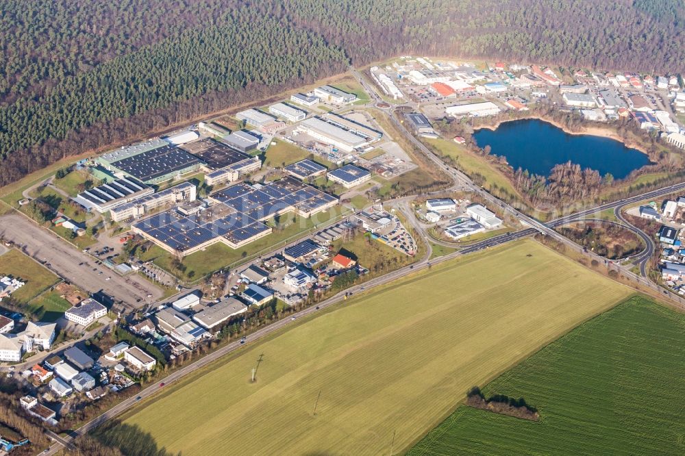 Stutensee from above - Industrial and commercial area with IWK Verpackungstechnik GmbH in Stutensee in the state Baden-Wurttemberg, Germany