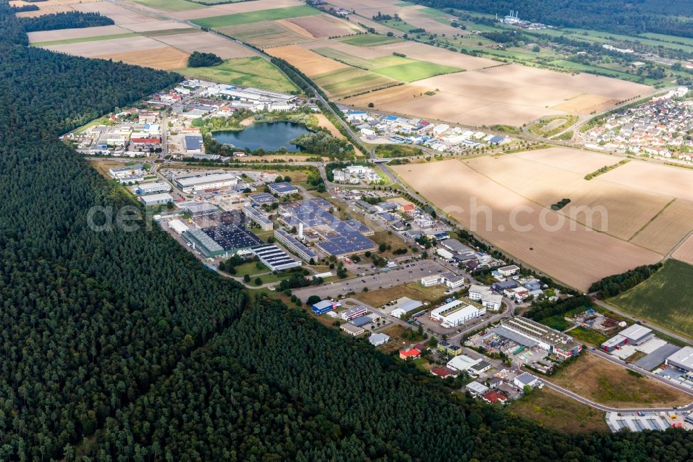 Stutensee from above - Industrial and commercial area with IWK Verpackungstechnik GmbH in Stutensee in the state Baden-Wurttemberg, Germany