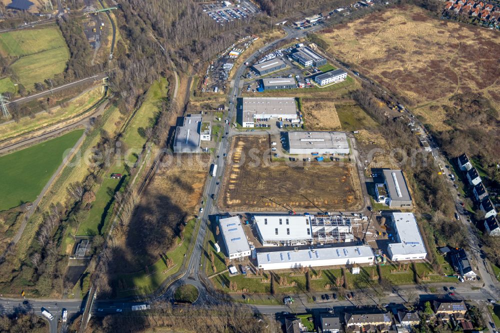 Essen from the bird's eye view: Industrial and commercial area of N Techniks on street Hermann-Drescher-Weg in the district Karnap in Essen at Ruhrgebiet in the state North Rhine-Westphalia, Germany