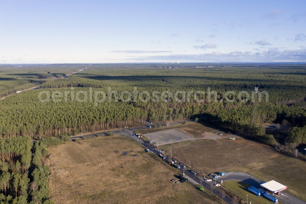 Aerial image Grünheide (Mark) - Industrial and commercial area Tesla Gigafactory 4 on Schlehenweg - Eichenstrasse in Freienbrink in the state Brandenburg, Germany