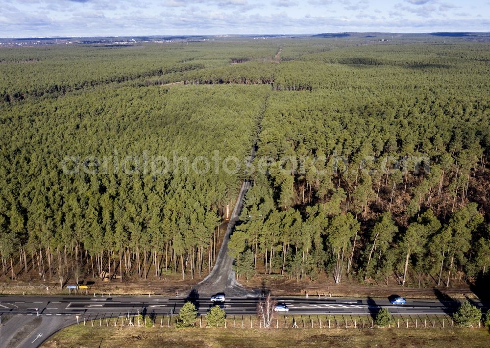 Grünheide (Mark) from above - Industrial and commercial area Tesla Gigafactory 4 on Schlehenweg - Eichenstrasse in Freienbrink in the state Brandenburg, Germany