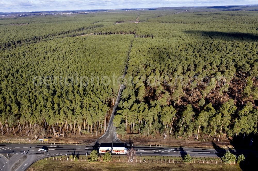 Grünheide (Mark) from the bird's eye view: Industrial and commercial area Tesla Gigafactory 4 on Schlehenweg - Eichenstrasse in Freienbrink in the state Brandenburg, Germany