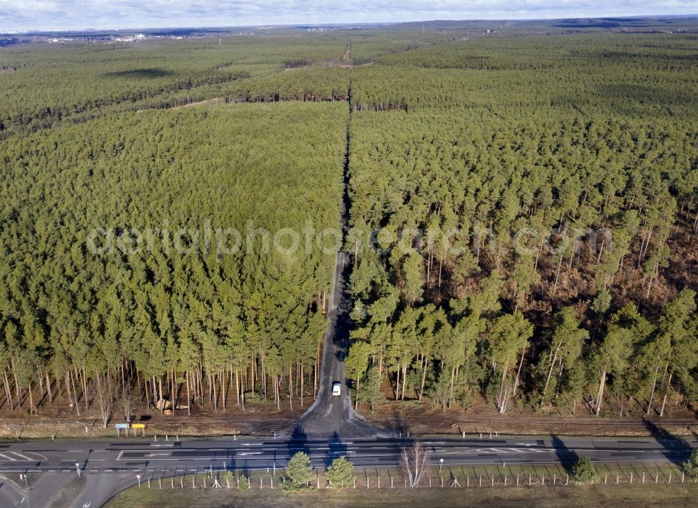 Aerial image Grünheide (Mark) - Industrial and commercial area Tesla Gigafactory 4 on Schlehenweg - Eichenstrasse in Freienbrink in the state Brandenburg, Germany