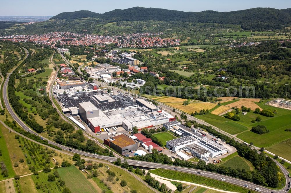 Dettingen an der Erms from the bird's eye view: Industrial and commercial area on Max-Eyth-Strasse - Uracher Strasse in Dettingen an der Erms in the state Baden-Wuerttemberg, Germany