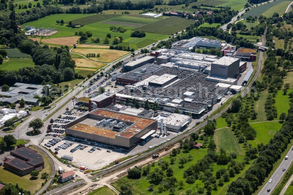 Aerial image Dettingen an der Erms - Industrial and commercial area on Max-Eyth-Strasse - Uracher Strasse in Dettingen an der Erms in the state Baden-Wuerttemberg, Germany