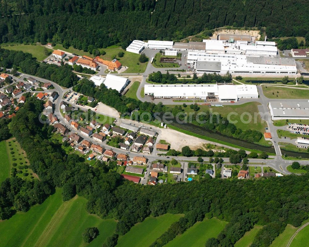 Laucherthal from above - Industrial and commercial area at the edge of the forest in Laucherthal in the state Baden-Wuerttemberg, Germany