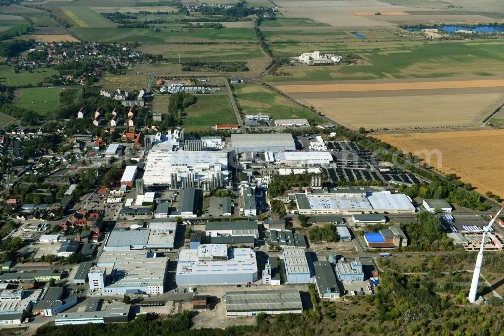 Weißandt-Gölzau from the bird's eye view: Industrial and commercial area in Weissandt-Goelzau in the state Saxony-Anhalt, Germany