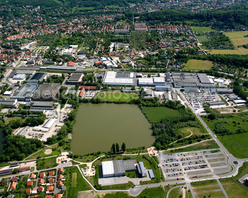 Wernigerode from the bird's eye view: Industrial and commercial area on Giesserweg in Wernigerode in the state Saxony-Anhalt, Germany