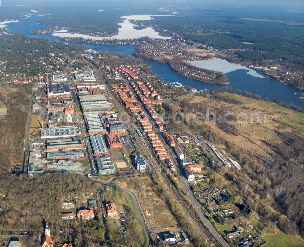 Wildau from above - Industrial and commercial area and Wohnbebauung of Karl-Marx-Strasse in Wildau in the state Brandenburg, Germany