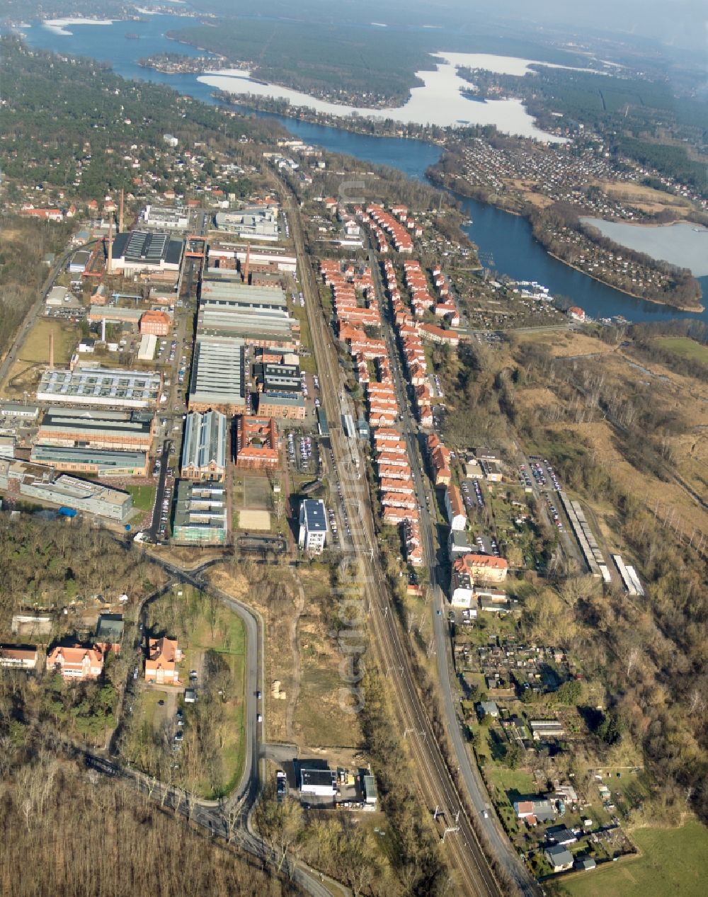 Wildau from the bird's eye view: Industrial and commercial area and Wohnbebauung of Karl-Marx-Strasse in Wildau in the state Brandenburg, Germany