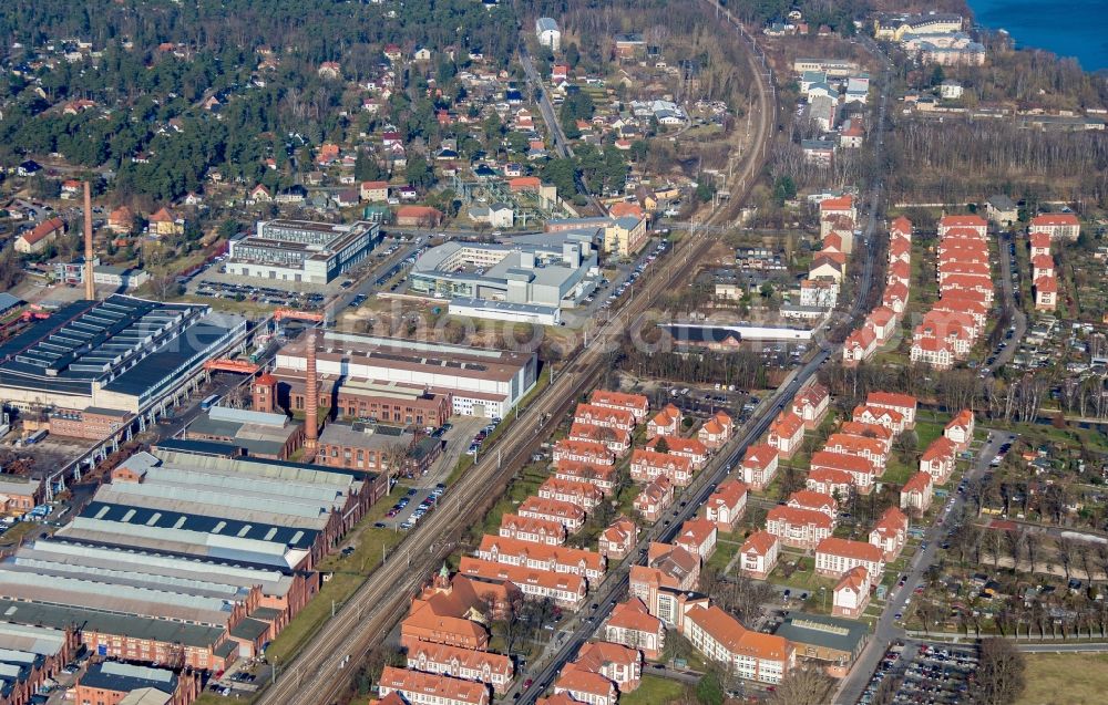 Aerial image Wildau - Industrial and commercial area and Wohnbebauung of Karl-Marx-Strasse in Wildau in the state Brandenburg, Germany