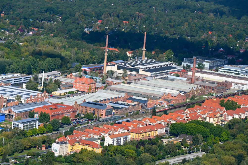 Aerial image Wildau - Industrial and commercial area and Wohnbebauung of Karl-Marx-Strasse in Wildau in the state Brandenburg, Germany