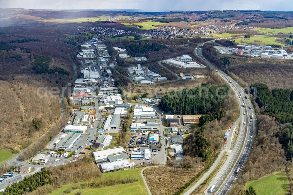 Wilnsdorf from the bird's eye view: Industrial and commercial area Lehnscheid/Wilden-Nord in Wilnsdorf on Siegerland in the state North Rhine-Westphalia, Germany