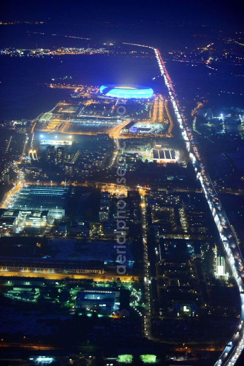 München from the bird's eye view: Industrial and commercial areas along the federal highway A9 motorway in Milbertshofen district of Munich in Bavaria