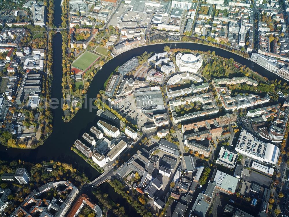 Berlin from above - Industrial and commercial areas along the Spree bow on the river bank with the building of the Fraunhofer Institute in the Charlottenburg district in Berlin