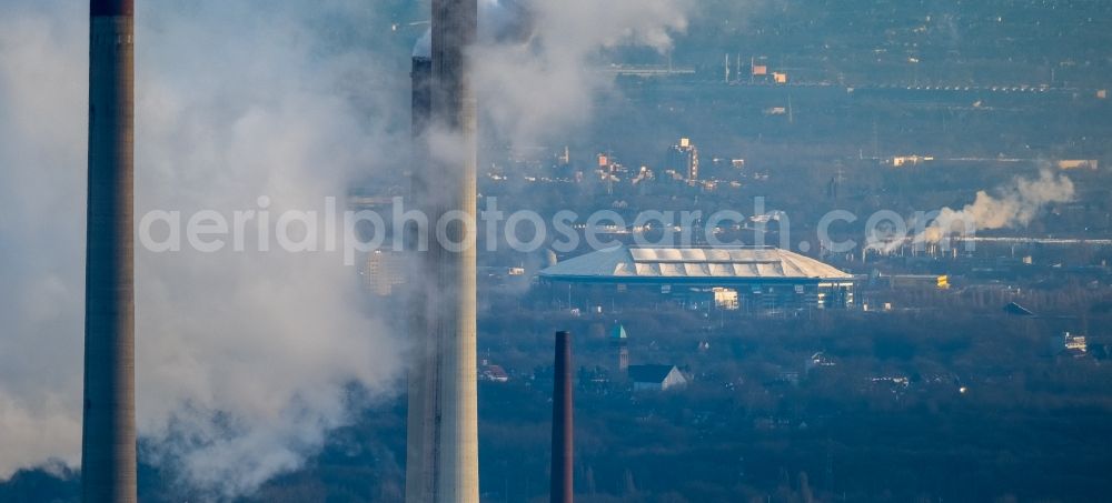 Aerial photograph Gelsenkirchen - Industrial chimneys nearby VELTINS-Arena in the district Erle in Gelsenkirchen in the state North Rhine-Westphalia, Germany