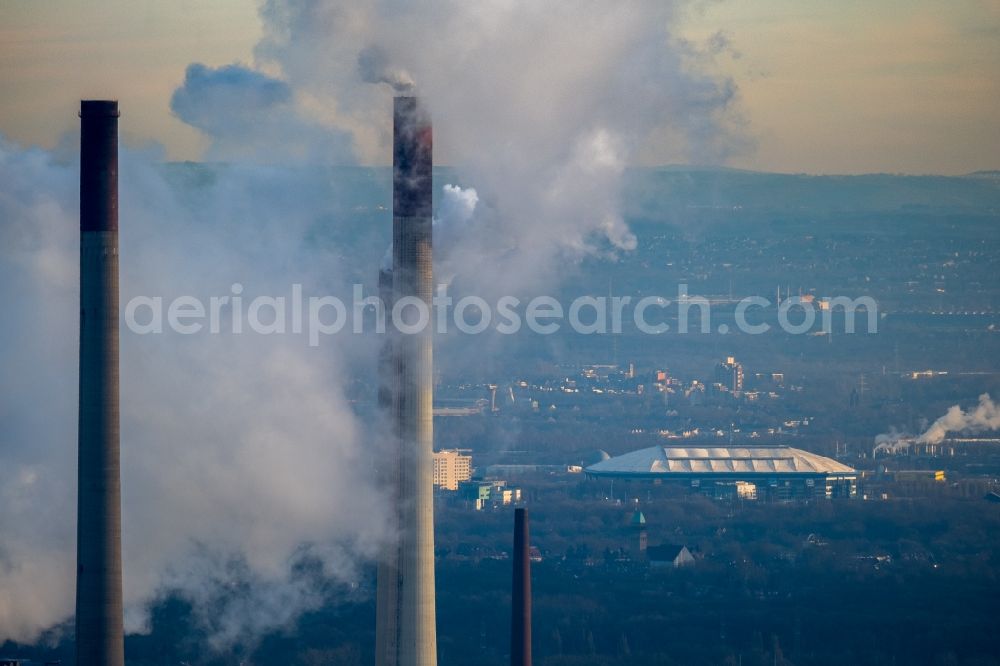 Gelsenkirchen from the bird's eye view: Industrial chimneys nearby VELTINS-Arena in the district Erle in Gelsenkirchen in the state North Rhine-Westphalia, Germany