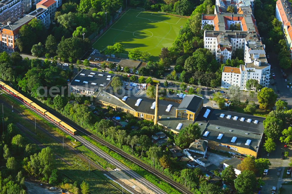 Berlin from above - Factory premises and technical systems and infrastructure in the disused industrial monument Adria Konserven- and Doerrgemuesefabrik Julius Feher AG on street Kuehnemannstrasse in the district Reinickendorf in Berlin, Germany