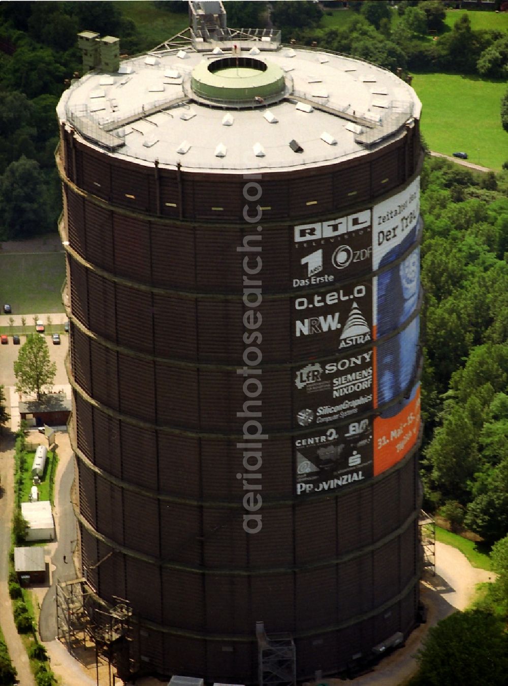 Oberhausen from above - Gas tank serves as an industrial monument Gasometer Oberhausen Gmbh and an exhibition at the Arenastrasse in Oberhausen in North Rhine-Westphalia