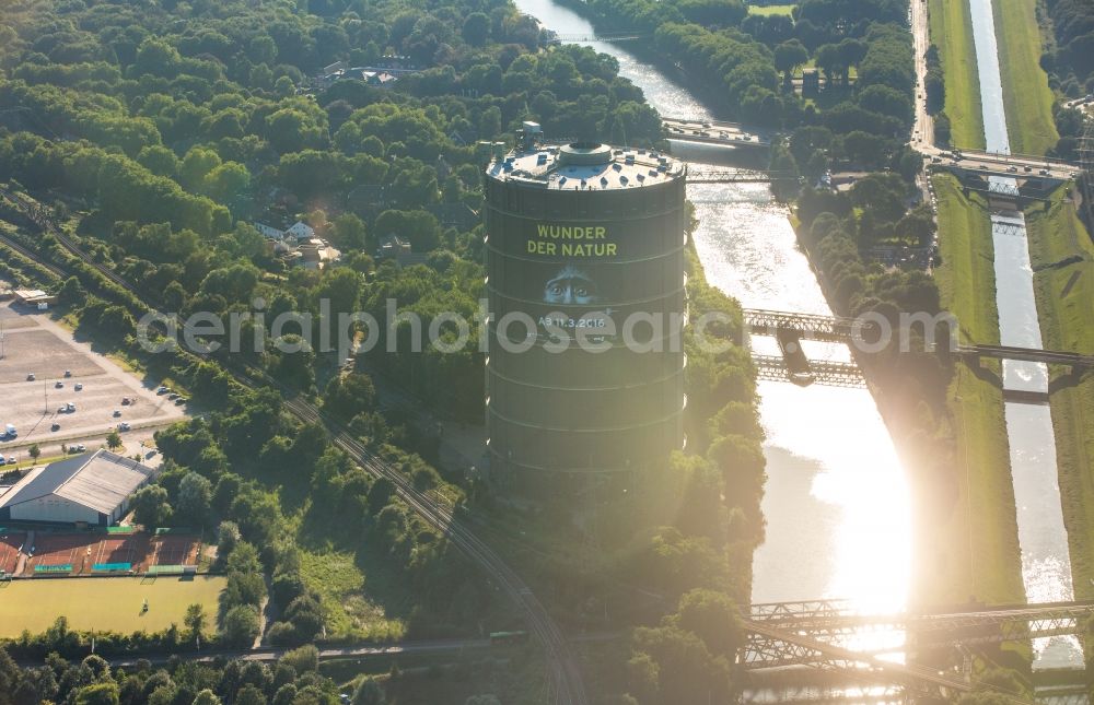 Oberhausen from above - Gas tank serves as an industrial monument Gasometer Oberhausen Gmbh and an exhibition at the Arenastrasse in Oberhausen in North Rhine-Westphalia