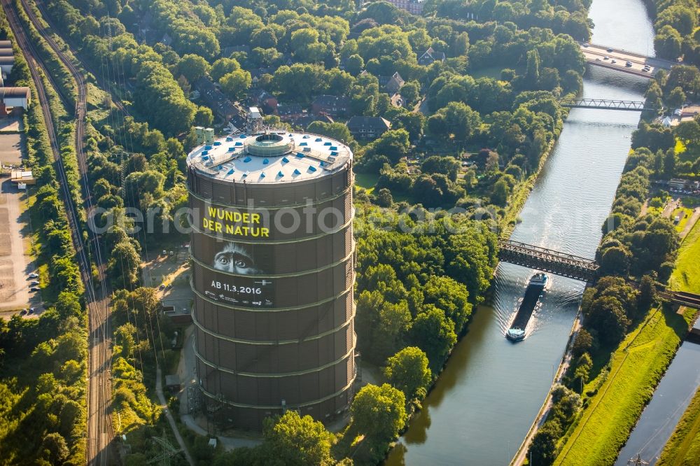 Oberhausen from the bird's eye view: Gas tank serves as an industrial monument Gasometer Oberhausen Gmbh and an exhibition at the Arenastrasse in Oberhausen in North Rhine-Westphalia