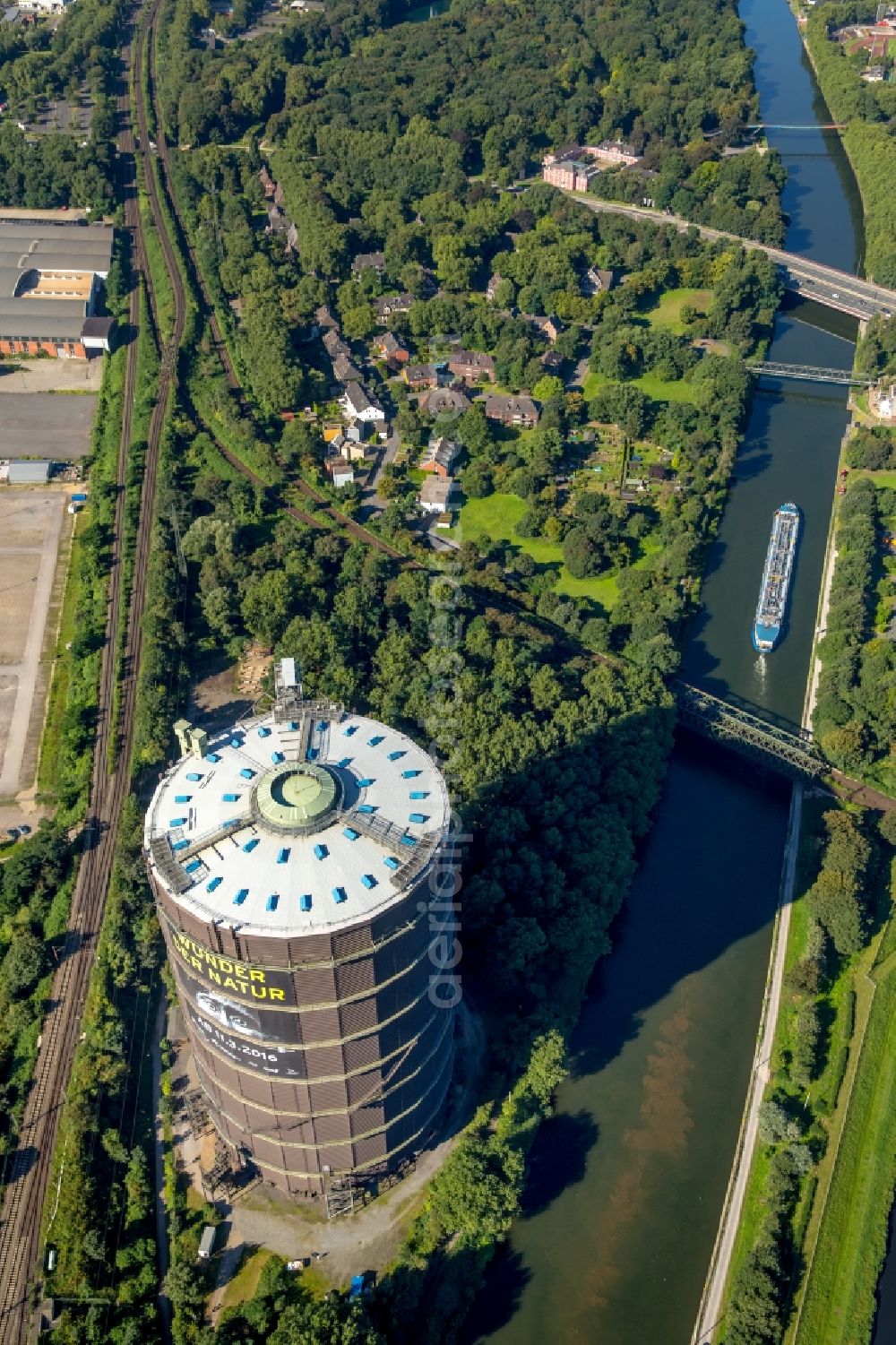 Oberhausen from above - Gas tank serves as an industrial monument Gasometer Oberhausen Gmbh and an exhibition at the Arenastrasse in Oberhausen in North Rhine-Westphalia