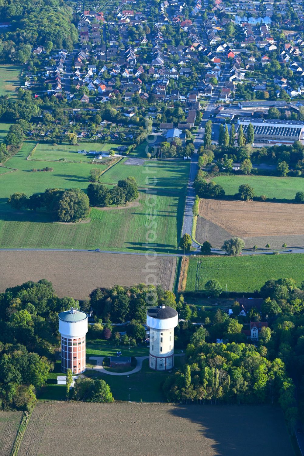 Aerial image Hamm - Building of industrial monument water tower in the district Berge in Hamm at Ruhrgebiet in the state North Rhine-Westphalia, Germany