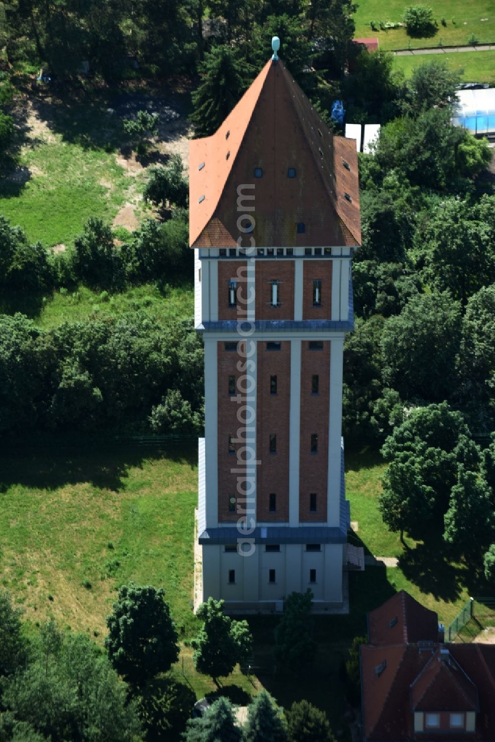 Aerial image Aken - Building of industrial monument water tower in Aken in the state Saxony-Anhalt