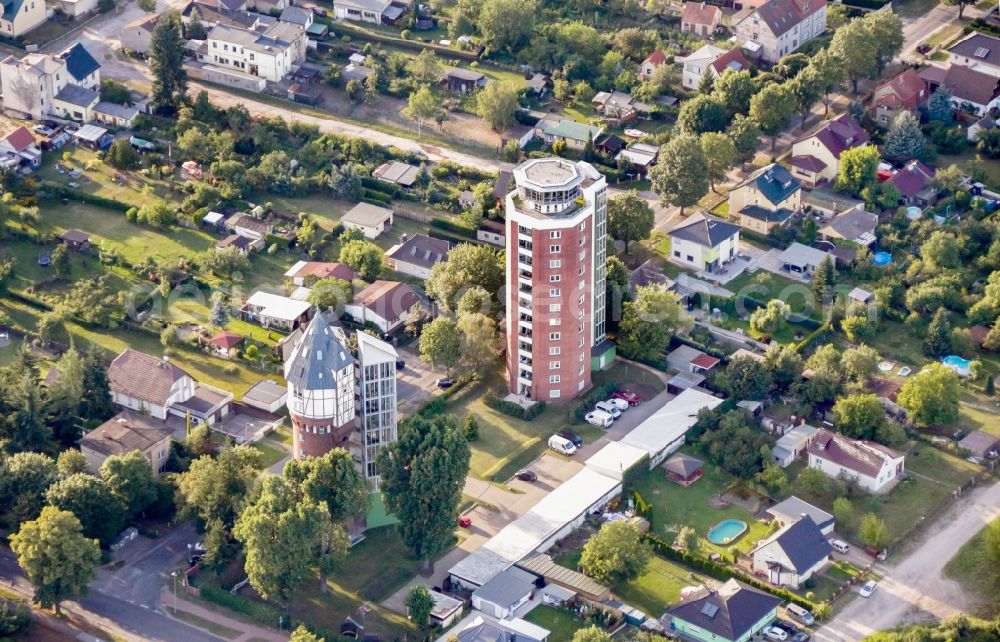 Fürstenwalde/Spree from the bird's eye view: Building of industrial monument water tower in Fuerstenwalde/Spree in the state Brandenburg