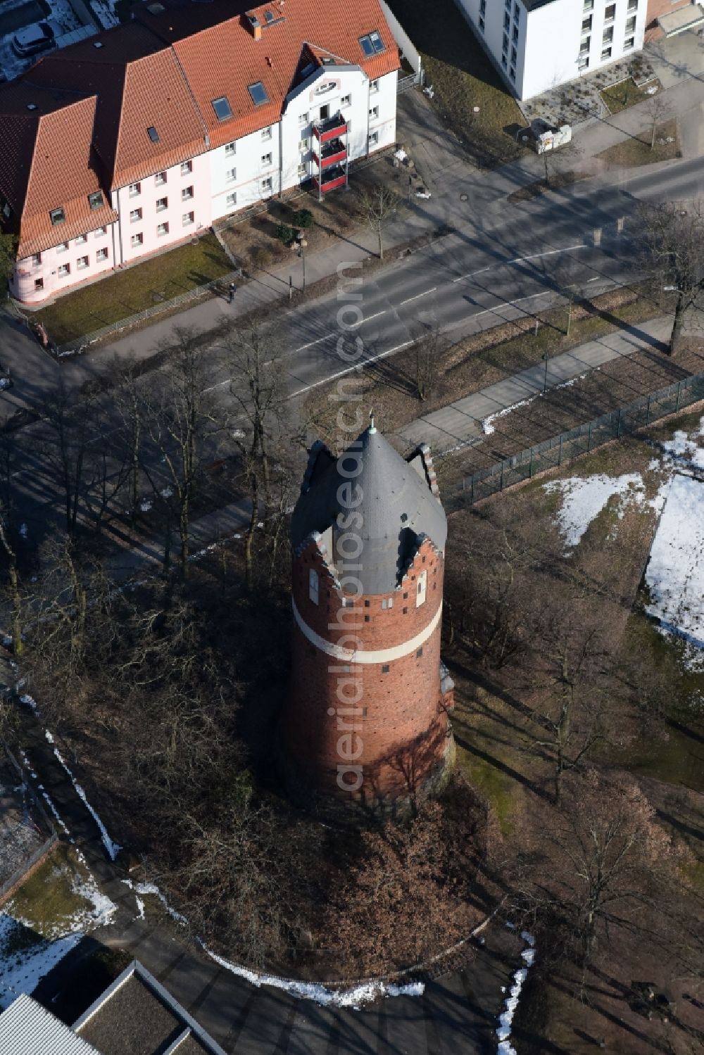 Aerial image Bernau - Building of industrial monument water tower in Bernau in the state Brandenburg