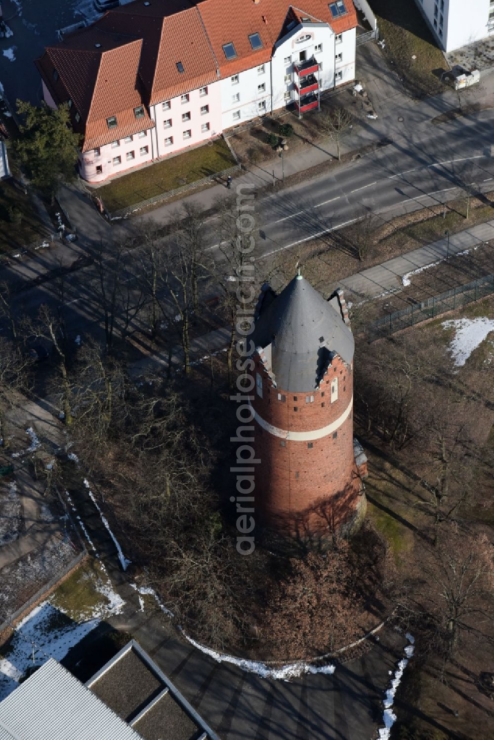 Bernau from above - Building of industrial monument water tower in Bernau in the state Brandenburg