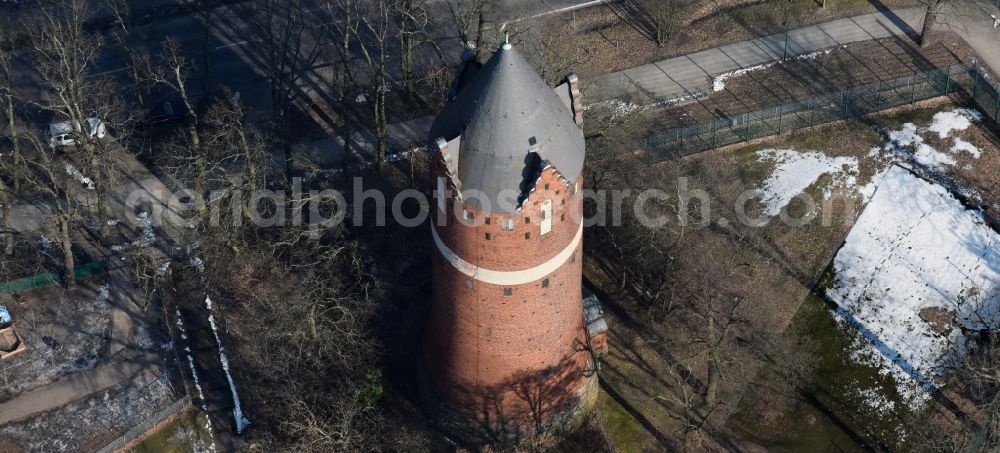 Bernau from the bird's eye view: Building of industrial monument water tower in Bernau in the state Brandenburg