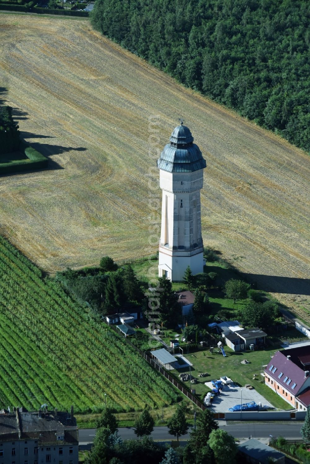 Engelsdorf from above - Building of industrial monument water tower in Engelsdorf in the state Saxony