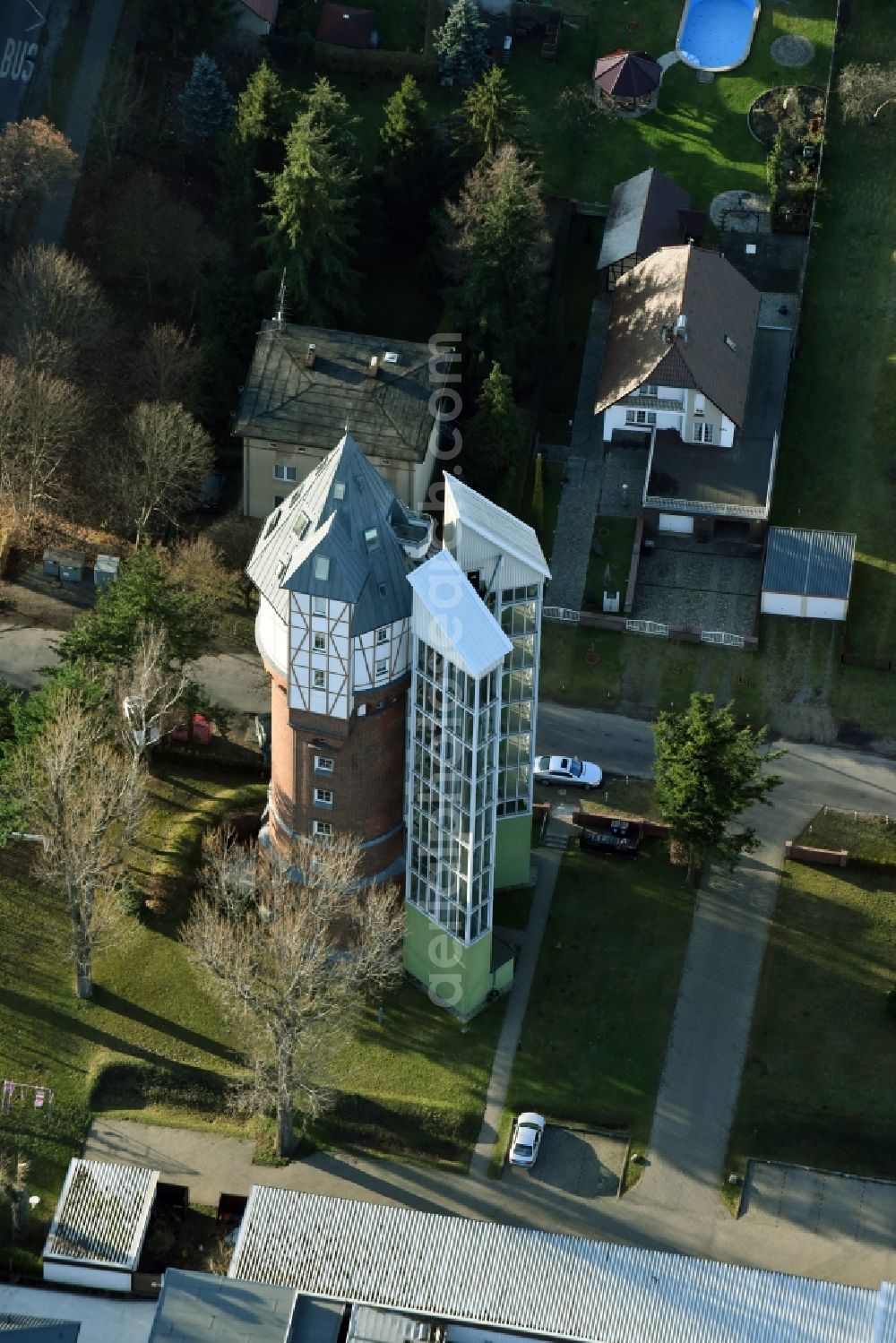 Aerial image Fürstenwalde/Spree - Building of industrial monument water tower in Fuerstenwalde/Spree in the state Brandenburg