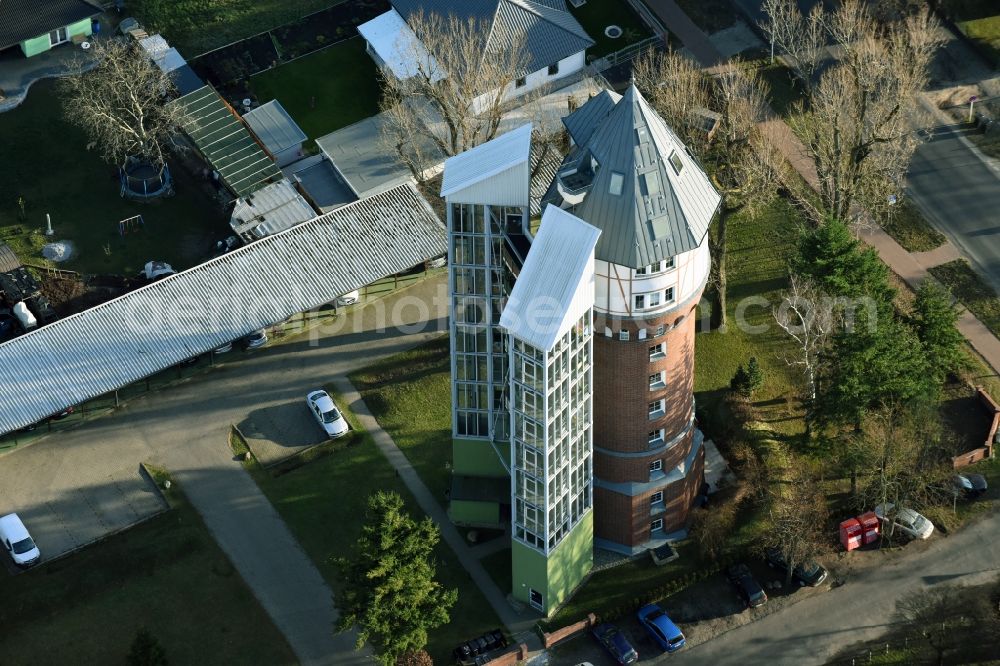 Fürstenwalde/Spree from the bird's eye view: Building of industrial monument water tower in Fuerstenwalde/Spree in the state Brandenburg