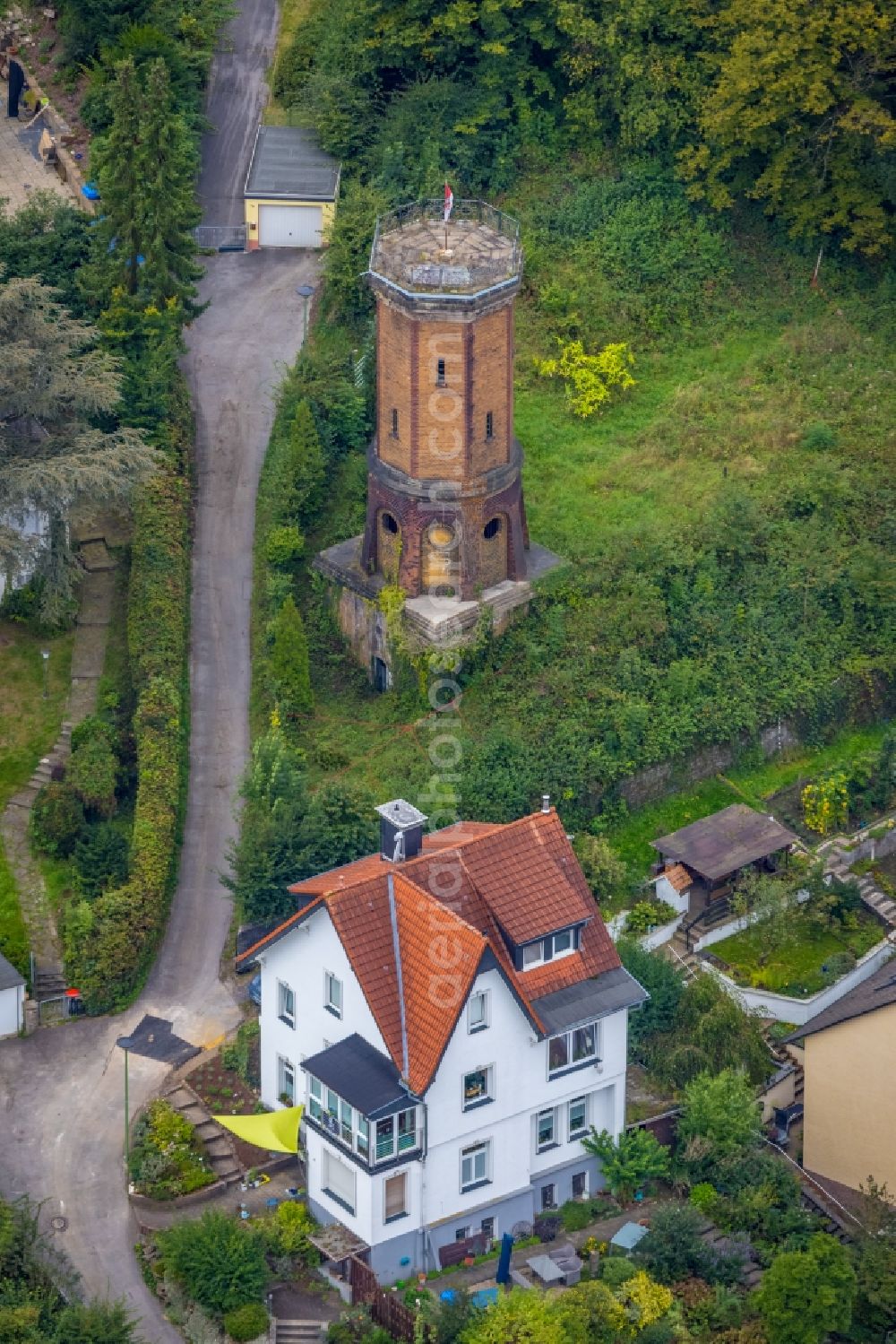 Hagen from above - Building of industrial monument water tower on Boeingstrasse in the district Hohenlimburg in Hagen at Ruhrgebiet in the state North Rhine-Westphalia, Germany