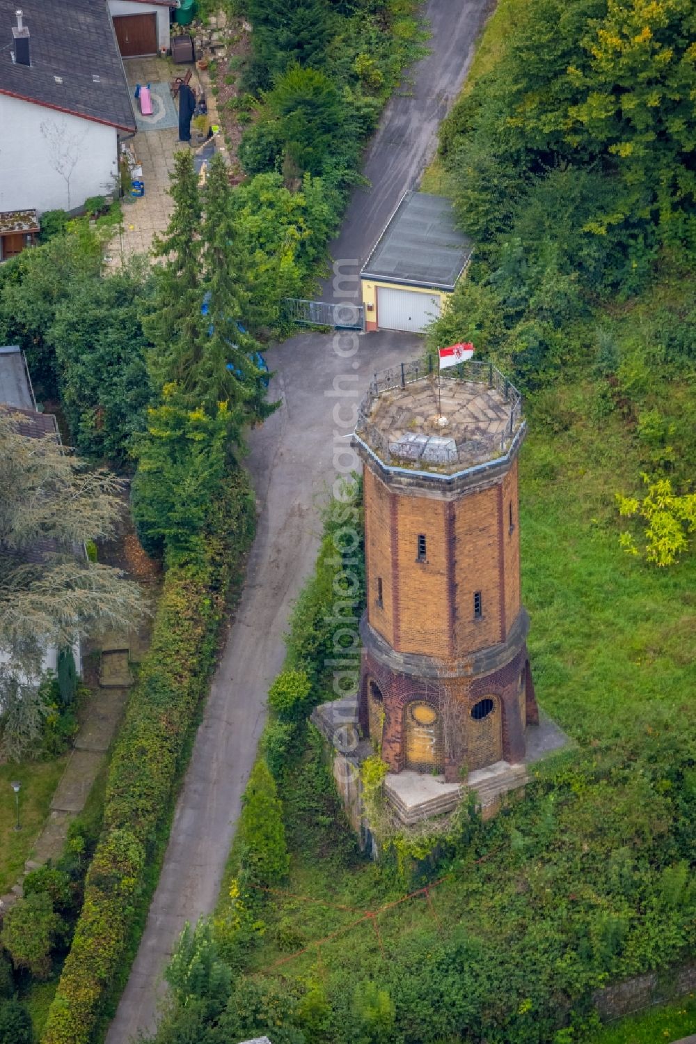 Hagen from the bird's eye view: Building of industrial monument water tower on Boeingstrasse in the district Hohenlimburg in Hagen at Ruhrgebiet in the state North Rhine-Westphalia, Germany