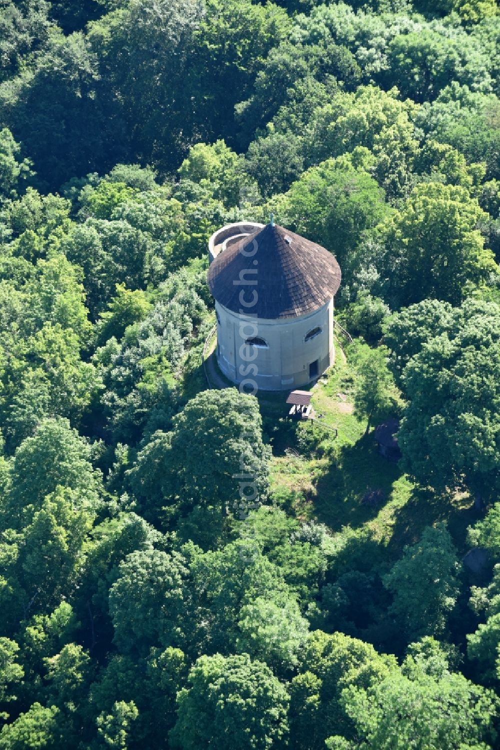 Aerial image Petrohrad - Petersburg - Building of industrial monument water tower Haj Petra Bezruce in Petrohrad - Petersburg in Ustecky kraj - Aussiger Region, Czech Republic