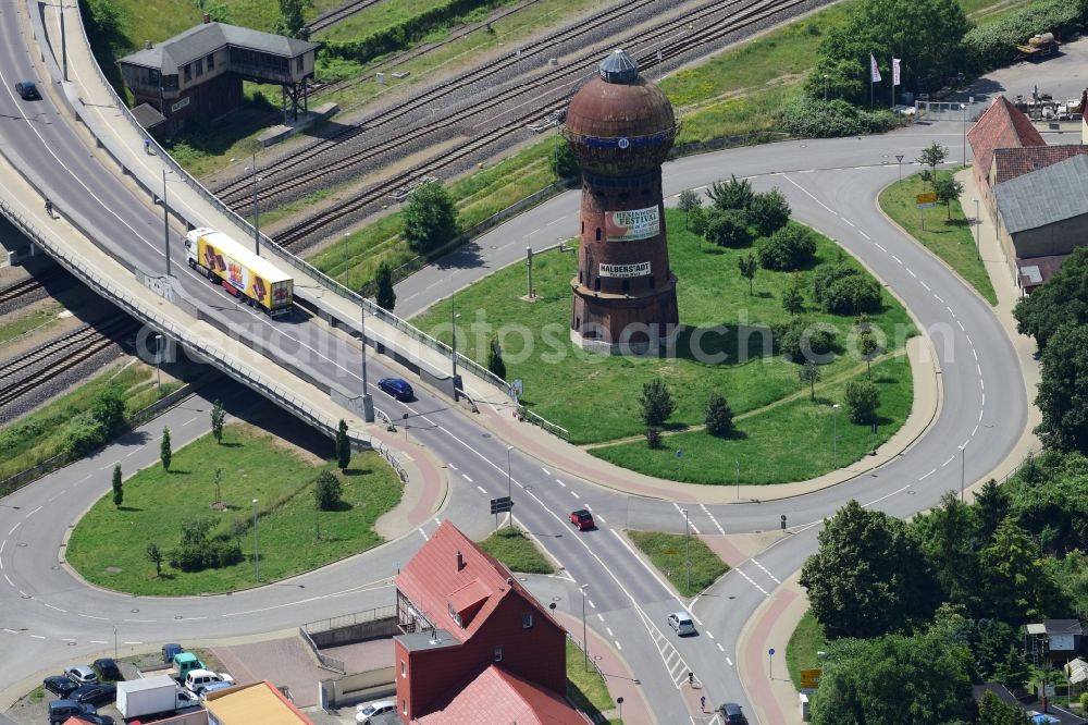 Halberstadt from the bird's eye view: Building of industrial monument water tower in Halberstadt in the state Saxony-Anhalt