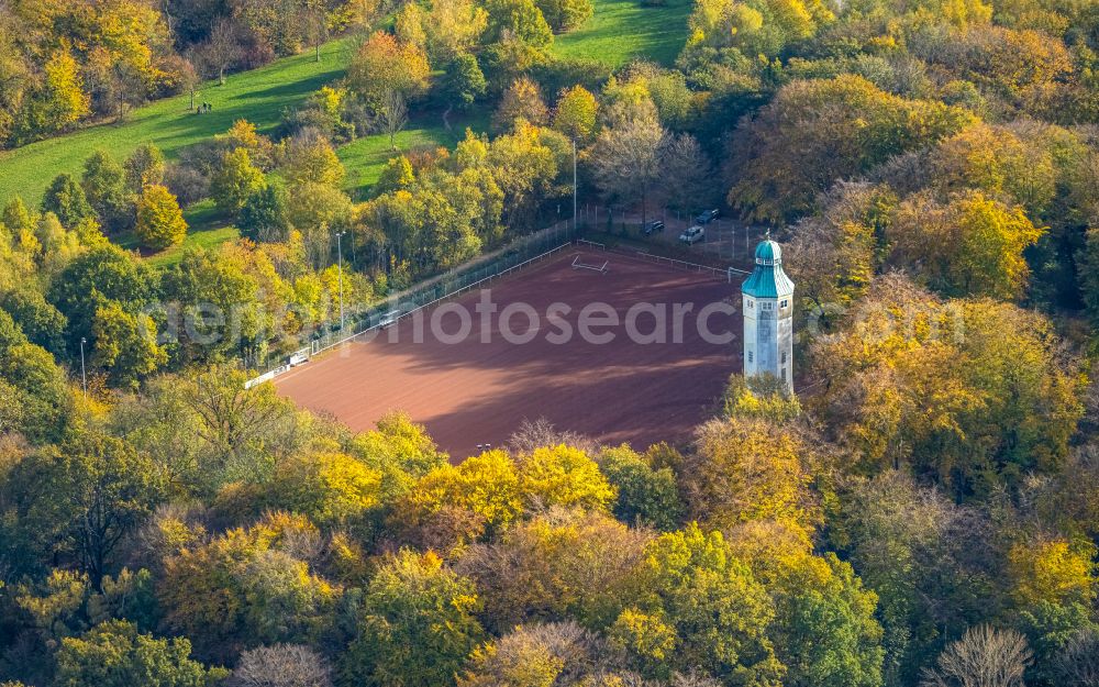 Herne from above - Building of industrial monument water tower in Volkspark Sodingen in Herne at Ruhrgebiet in the state North Rhine-Westphalia, Germany