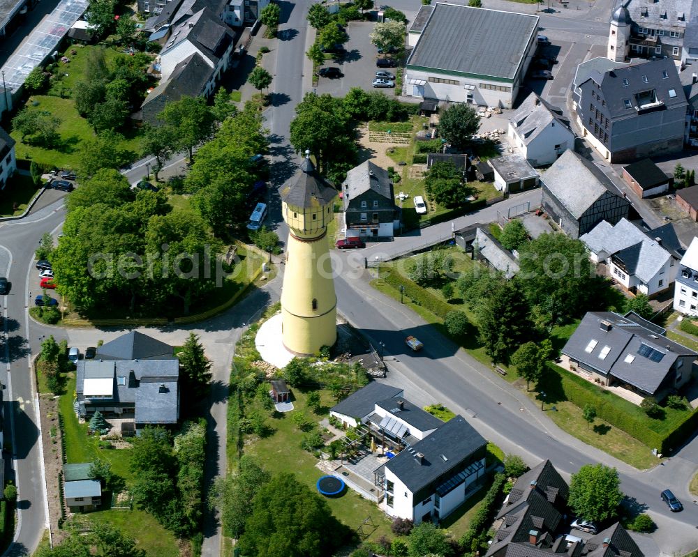 Kirchberg (Hunsrück) from above - Building of industrial monument water tower in Kirchberg (Hunsrueck) in the state Rhineland-Palatinate, Germany