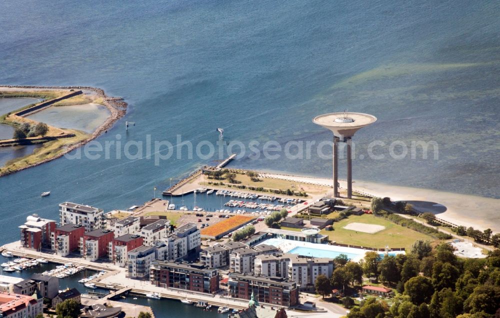 Landskrona from the bird's eye view: Building of industrial monument water tower in Landskrona in Sweden