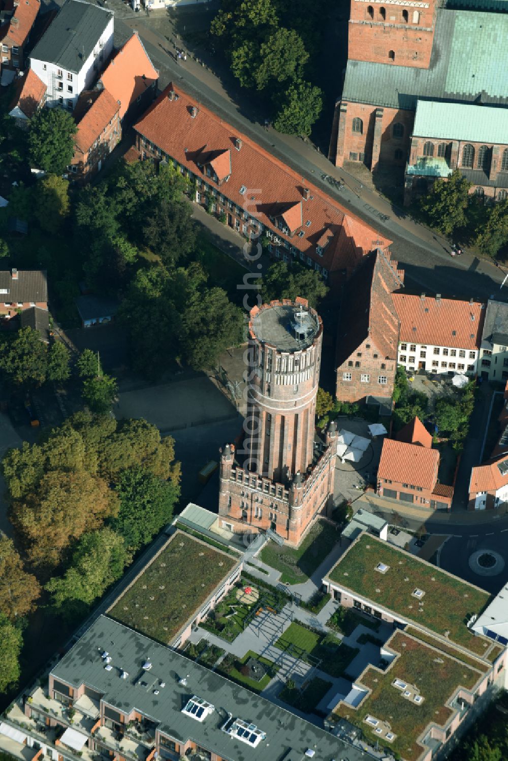 Aerial photograph Lüneburg - Building of industrial monument water tower in Lueneburg in the state Lower Saxony, Germany