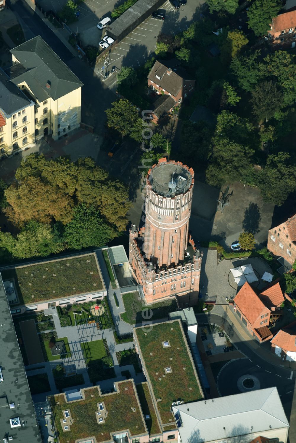 Lüneburg from the bird's eye view: Building of industrial monument water tower in Lueneburg in the state Lower Saxony, Germany