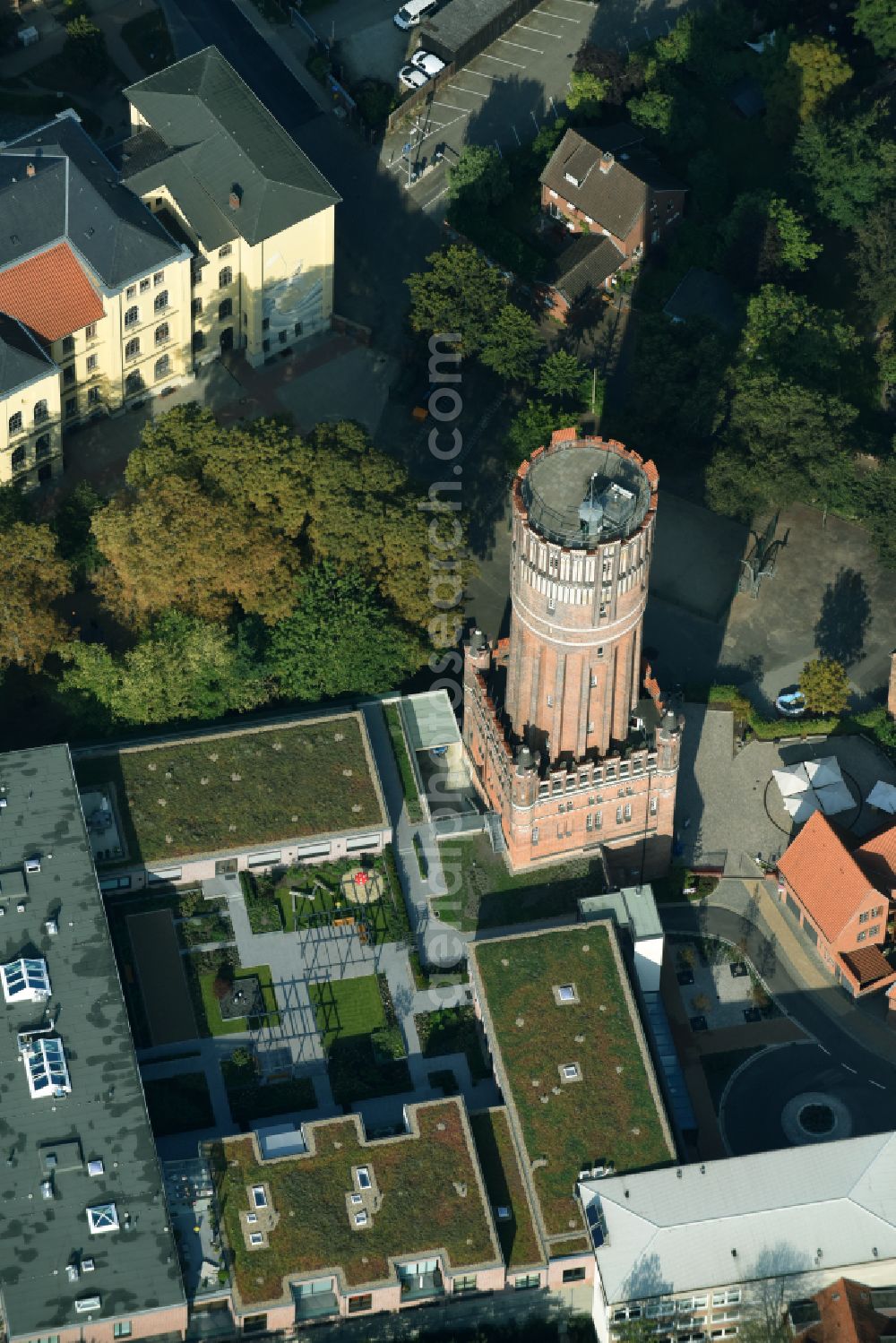 Aerial image Lüneburg - Building of industrial monument water tower in Lueneburg in the state Lower Saxony, Germany